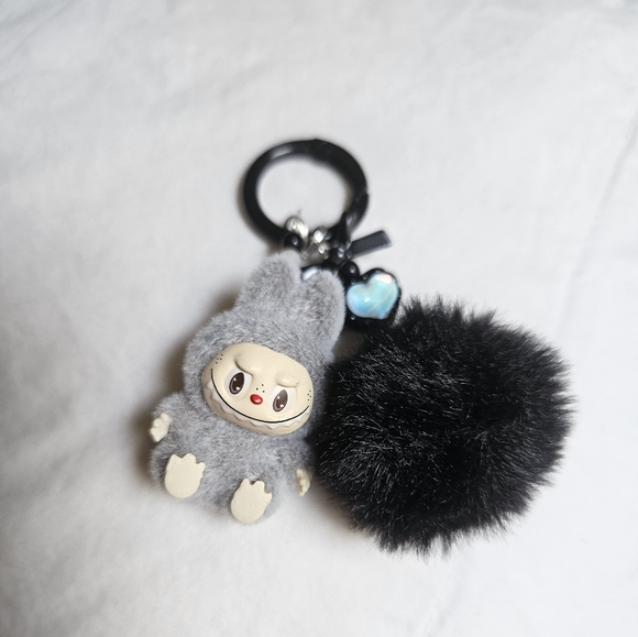Flocked Fuzzy Have a Seat Labubu Keychain with Heart Gems Pom Pom Bag Charms NEW - Picture 3 of 16